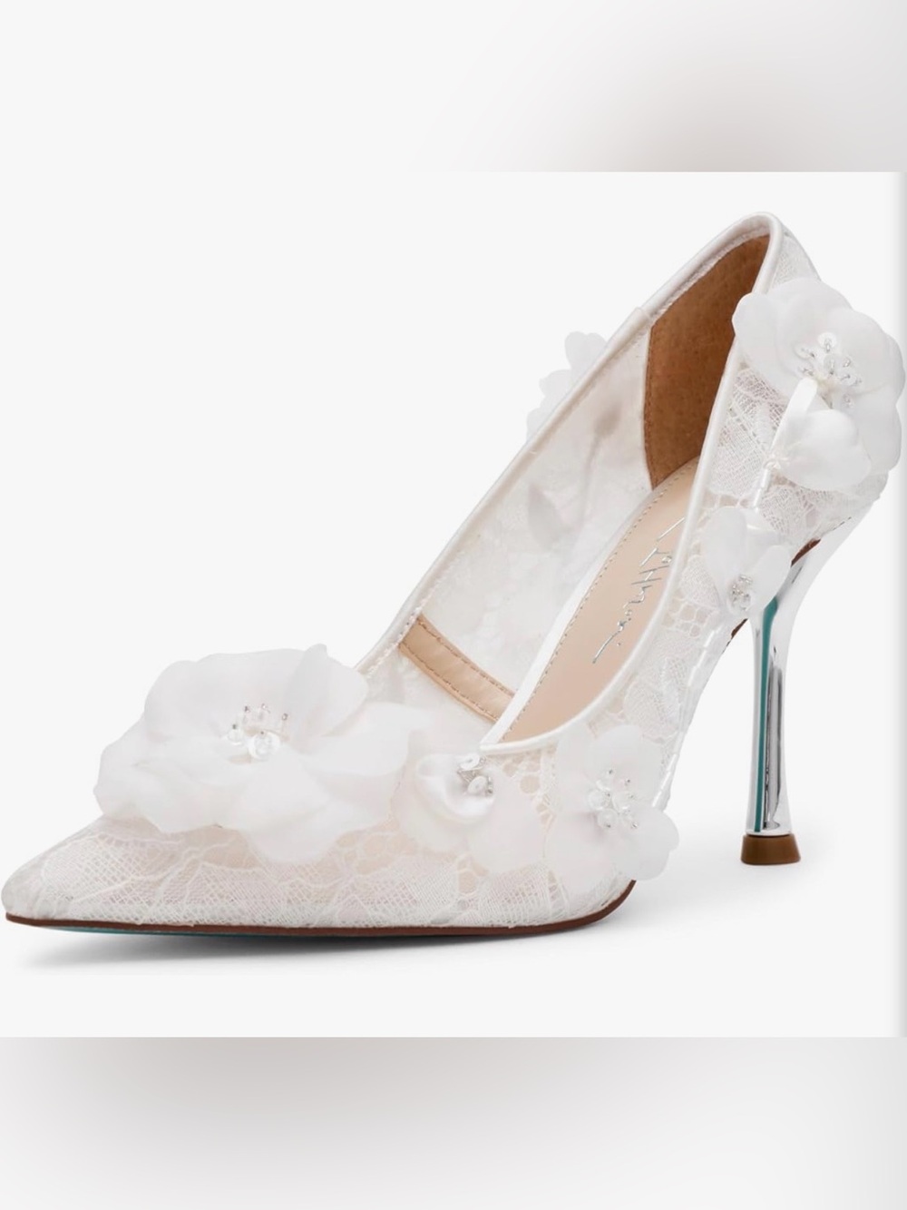 Bridal White Floral Lace Pointed Toe High Heel Pump